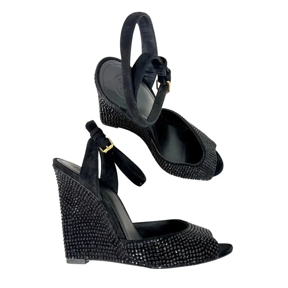 Tory Burch Suede Embellished Wedge Sandals Black Sparkly 9M